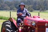 A man driving an antique tractor