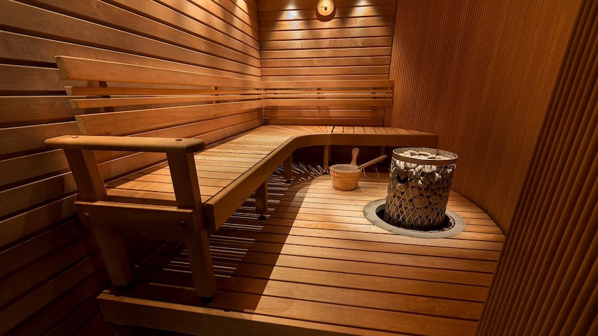 The interior of a timber sauna.