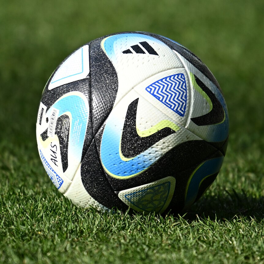 A blue and black FIFA Women's World Cup-branded ball on green grass. 