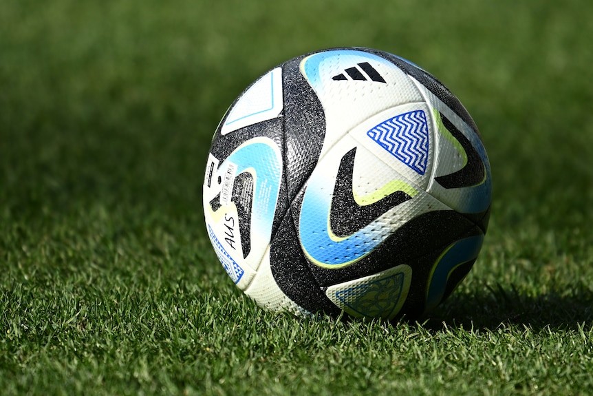 A blue and black FIFA Women's World Cup-branded ball on green grass. 
