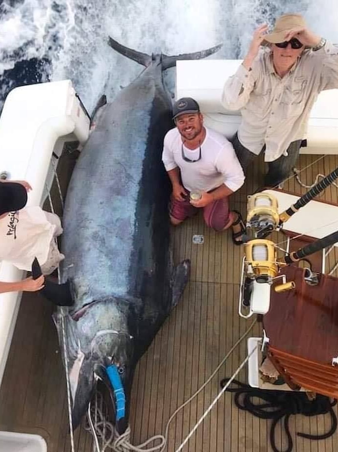 Angler Rob Crane and his crew on board their boat with a large black Marlin laying on the floor after being reeled in.