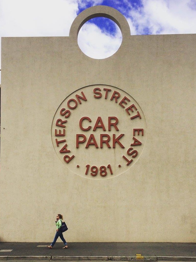 Paterson Street East Car Park sign on a large concrete wall