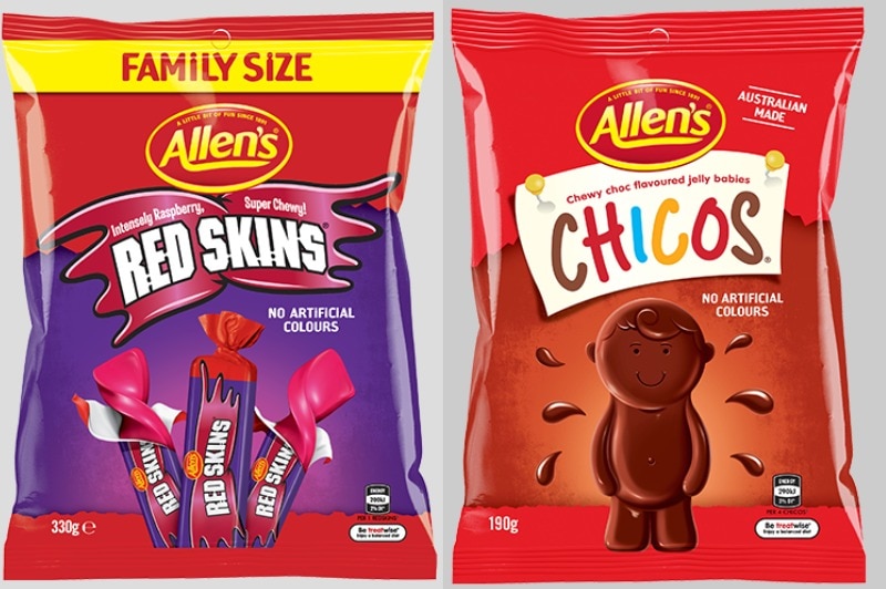 Two predominantly red packages of lollies are seen in a composite image, with the Red Skins on the left and Chicos on right.