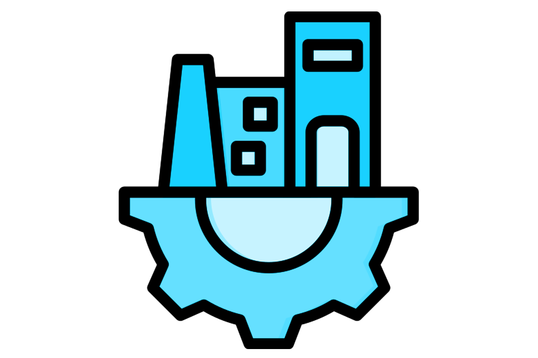 A blue graphic of buildings sitting on top of half a cog over the word 'infrastructure'