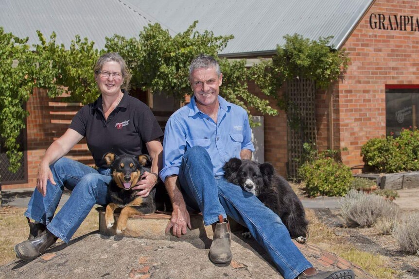 Two adults are sitting in front of a winery patting two dogs