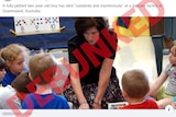 A Facebook showing a teacher with children in pre-school and DEBUNKED written across the top.