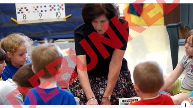 A Facebook showing a teacher with children in pre-school and DEBUNKED written across the top.