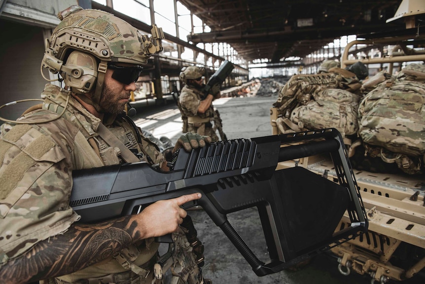 A soldier with a DroneShield long-range drone gun