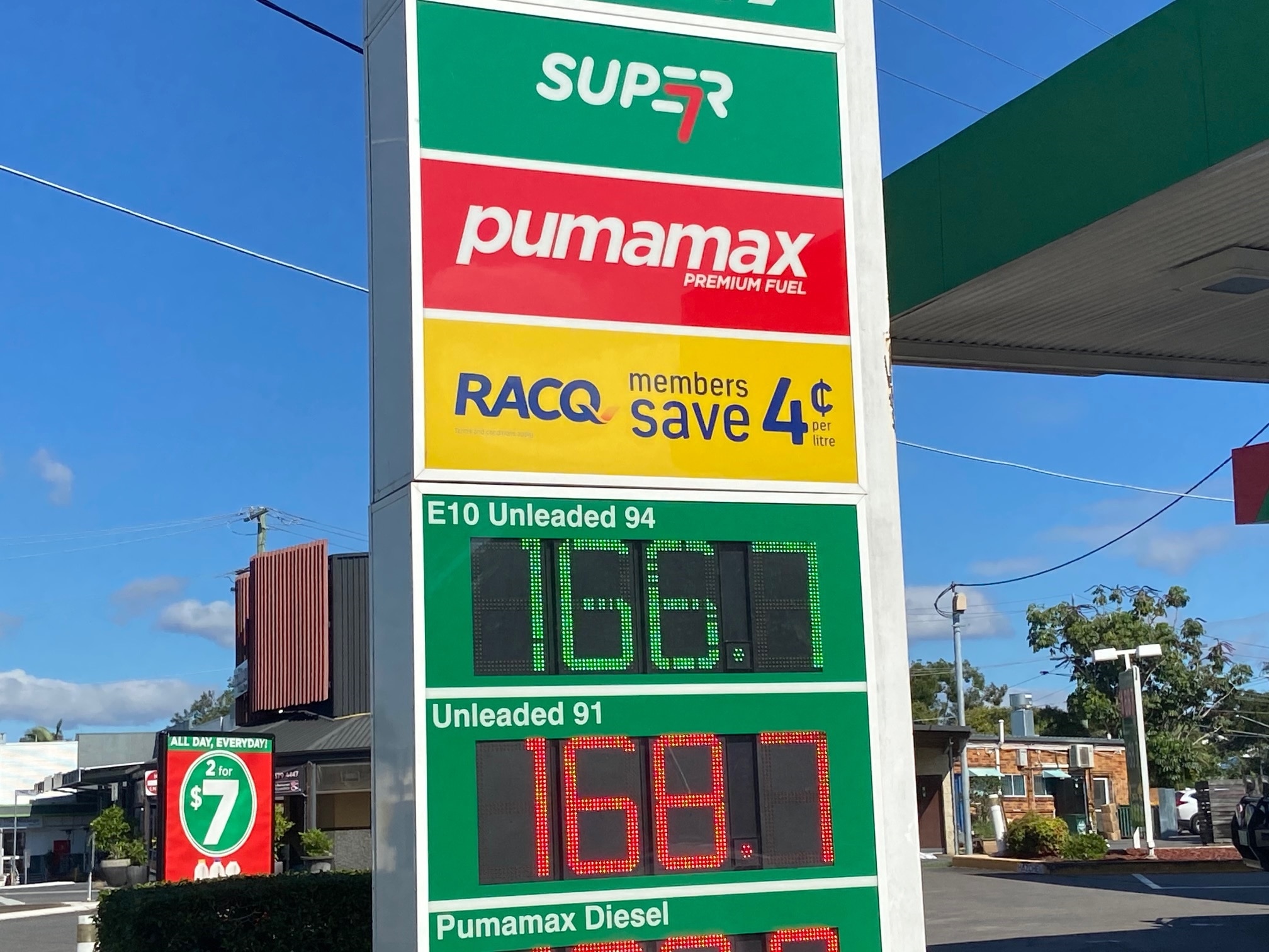 Puma petrol station sign showing the price of fuel per litre 