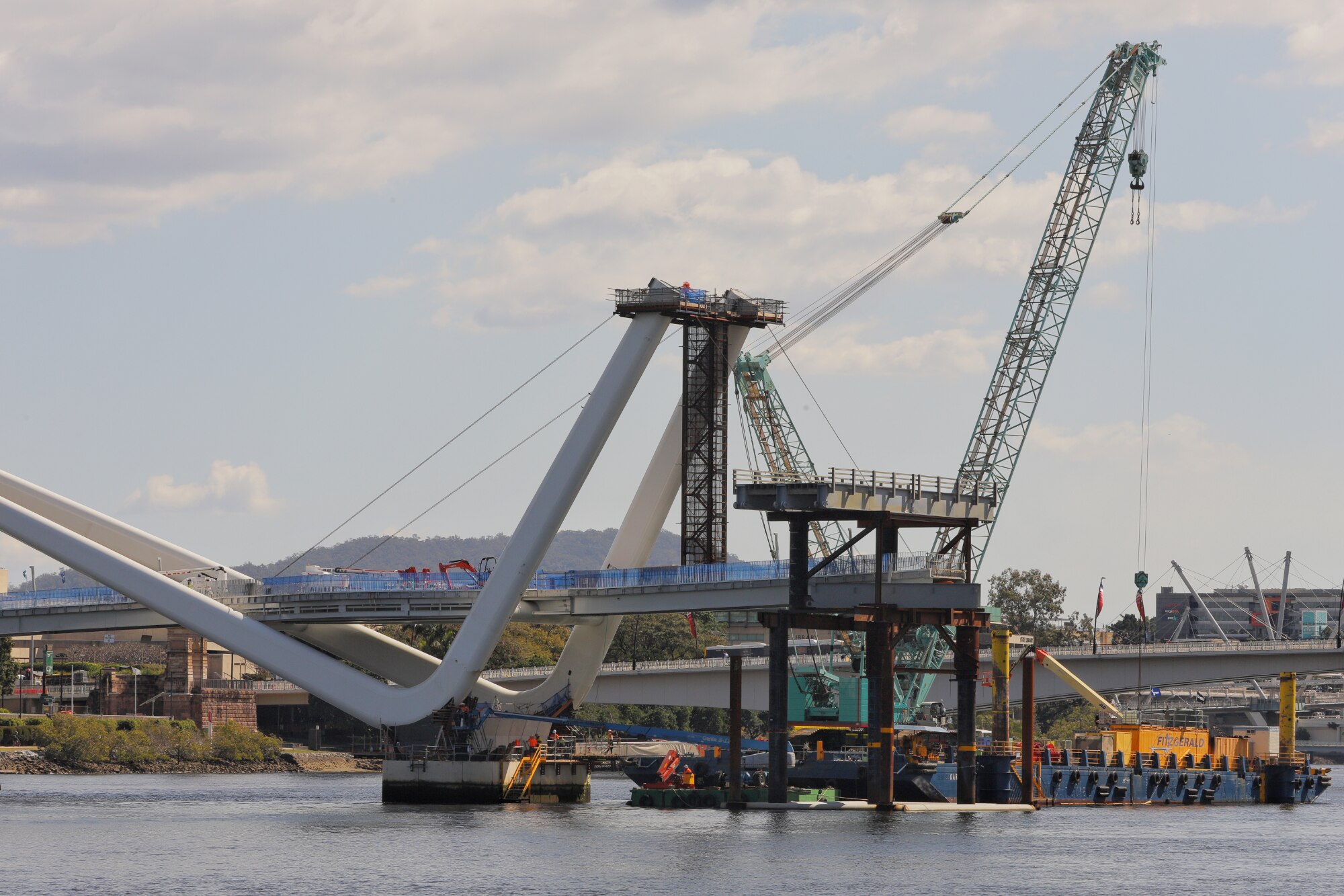 Wide shot of the construction of the bridge.