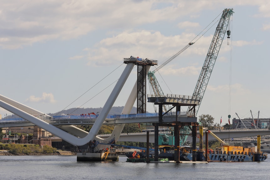 Wide shot of the construction of the bridge.