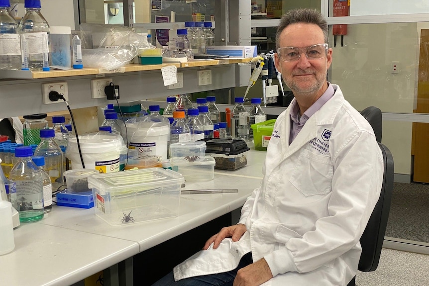 Middle aged smiling man, sitting in a white lab coat, protective glasses, in front of a slab with blue-capped glass bottles.