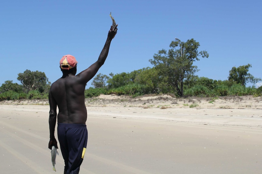 a man holding up a fish in his hand to two sea eagles in a tree.