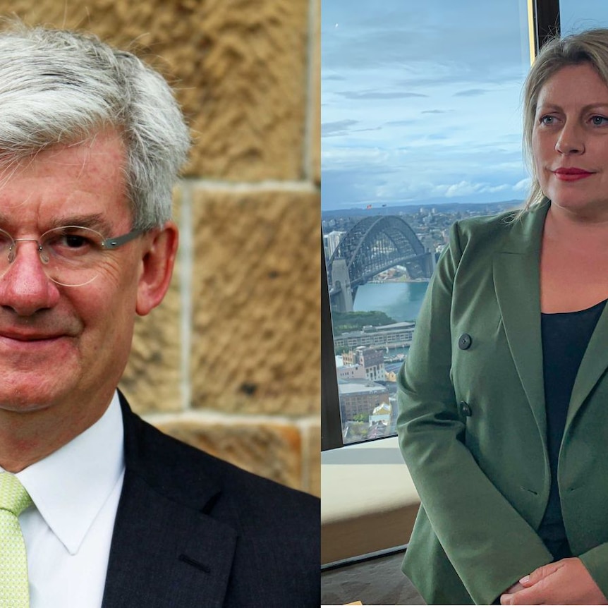 Two images side by side - on the left is saul eslake smiling in a suit and right isCherelle Murphy wearing and green blazer