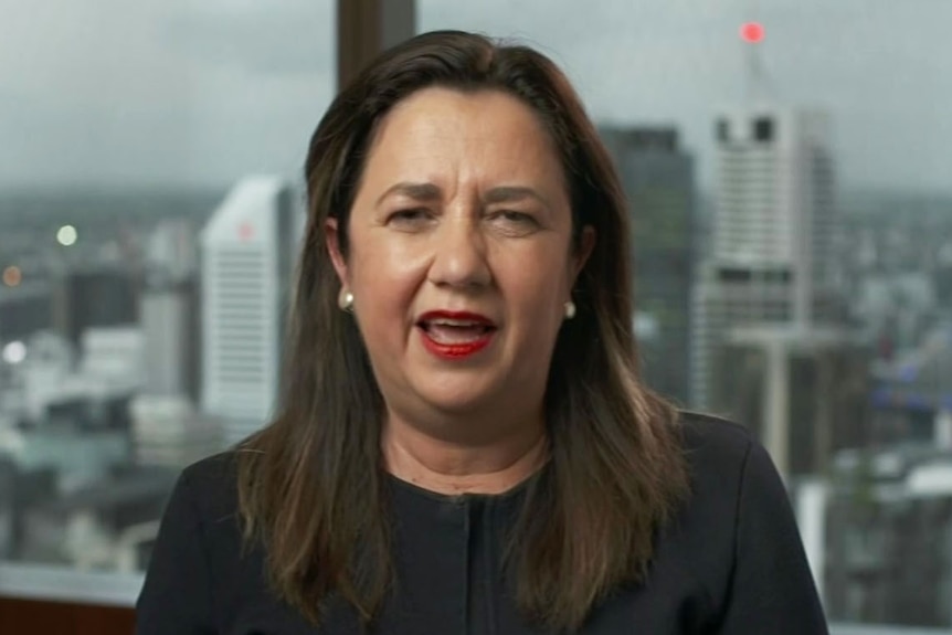 Headshot of Annastacia Palaszczuk speaking in an interview with ABC TV's 730 program