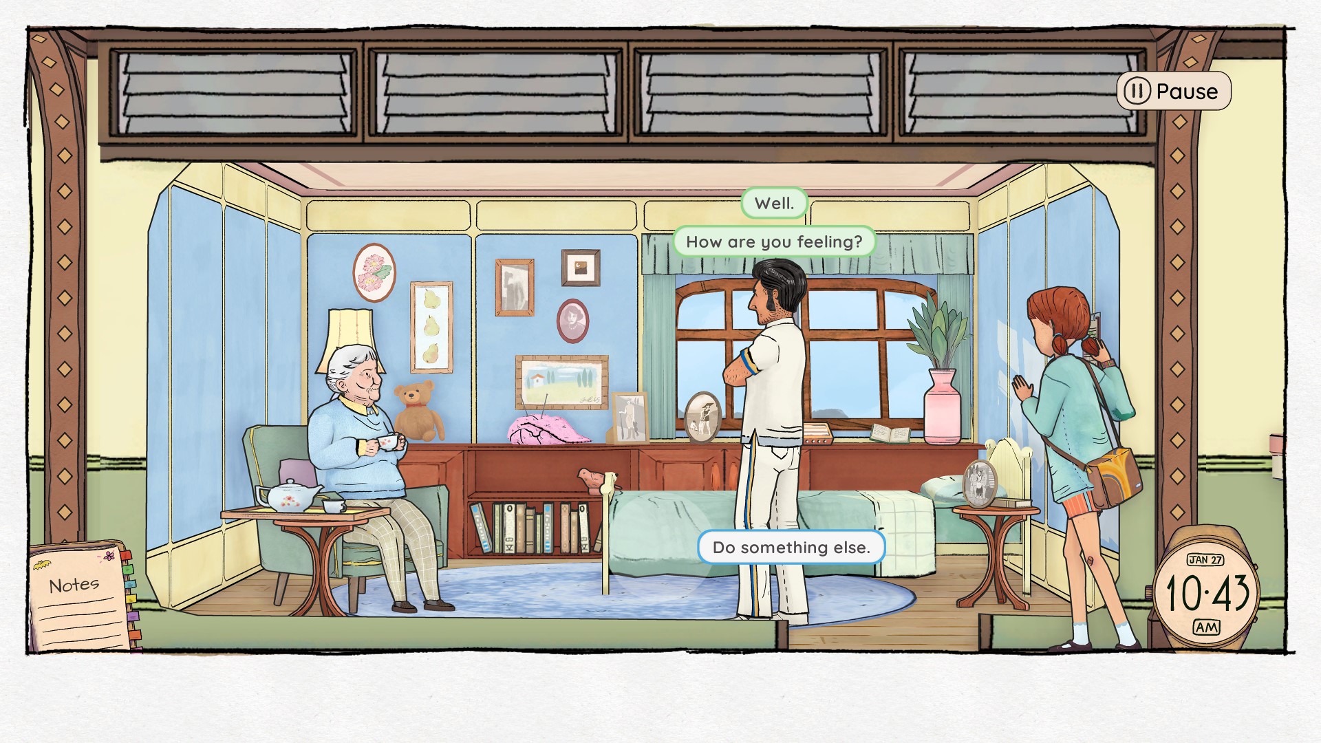 frame from game featuring Casey and nurse visiting patient