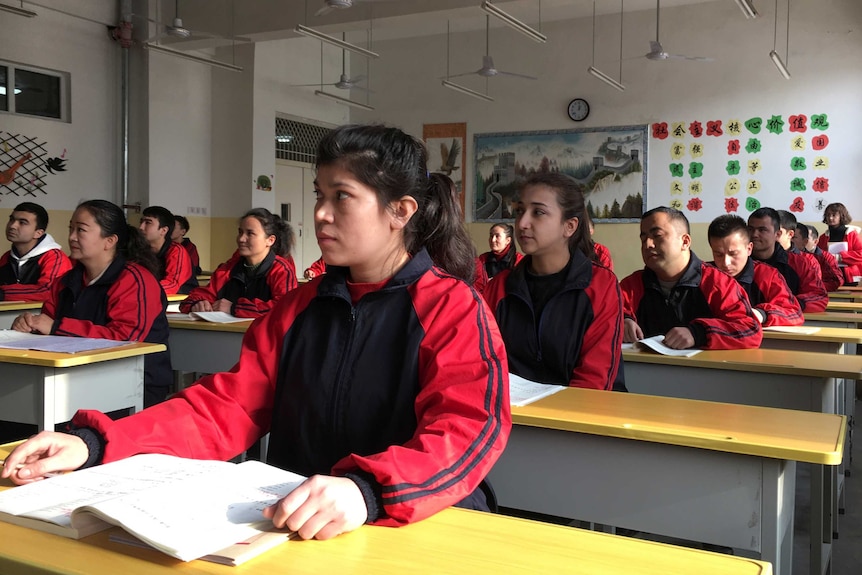 Hombres y mujeres con trajes a juego se sientan en un salón de clases.