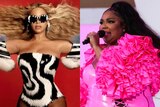 A composite image of Beyoncé wearing a black and white outfit and Lizzo performing in pink.