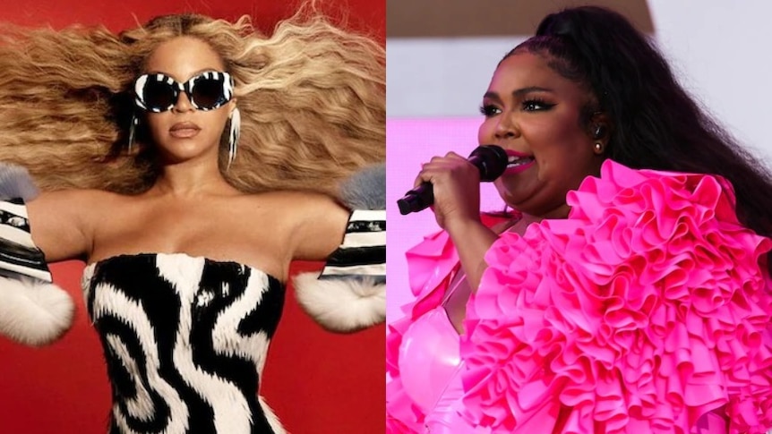 A composite image of Beyoncé wearing a black and white outfit and Lizzo performing in pink.