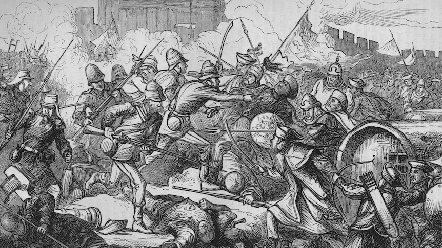 An illustration showing British and Chinese soldiers fighting during the Second Opium War.