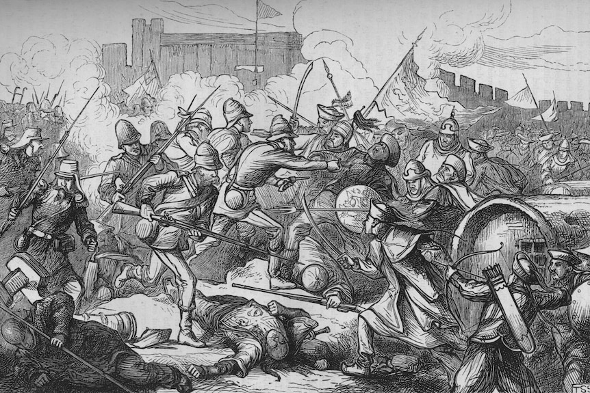 An illustration showing British and Chinese soldiers fighting during the Second Opium War.