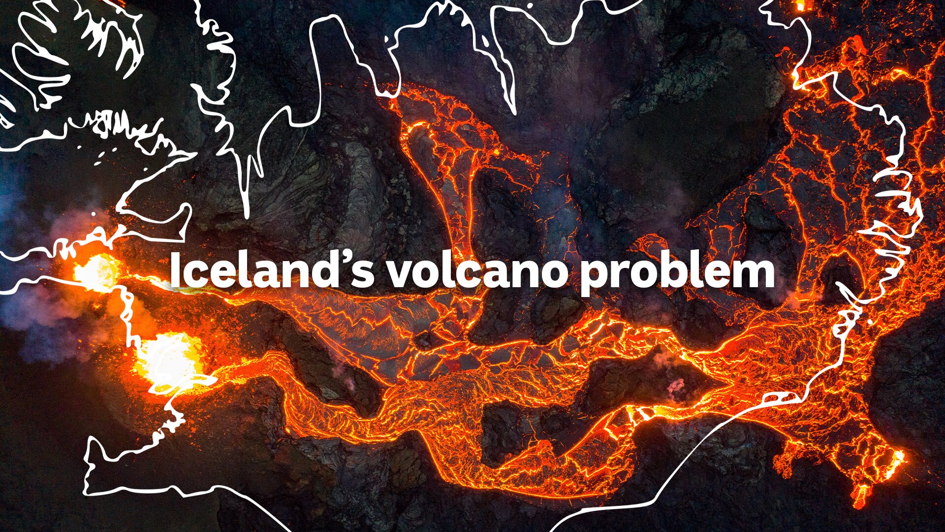 Birds eye shot of lava flowing from a volcano.