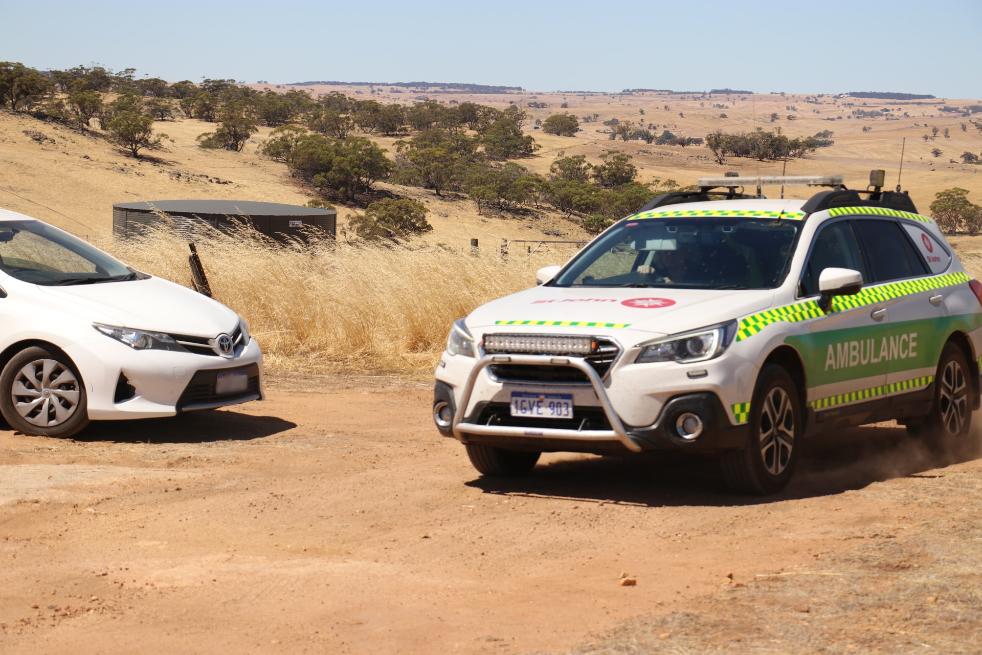 A st john ambulance vehicle parked at a rural property in WA's Wheatbelt