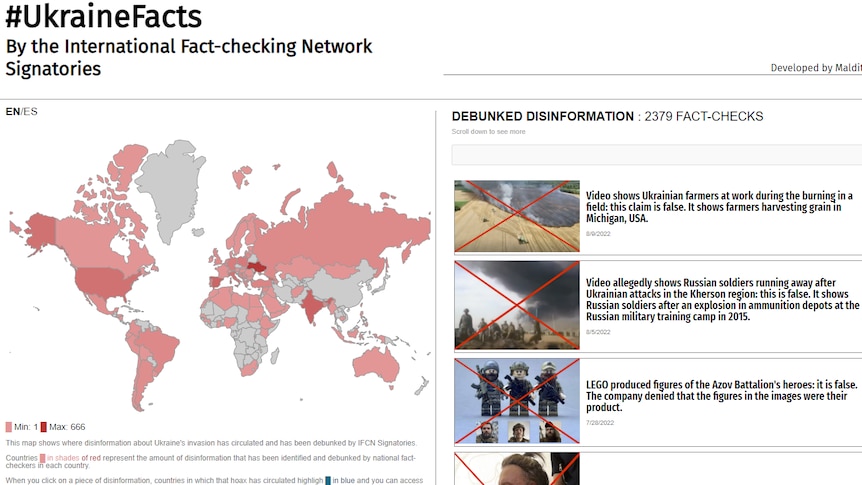 Captură de ecran de pe site-ul de fapte ucrainene care dezminți informațiile din ambele părți ale conflictului din Ucraina.