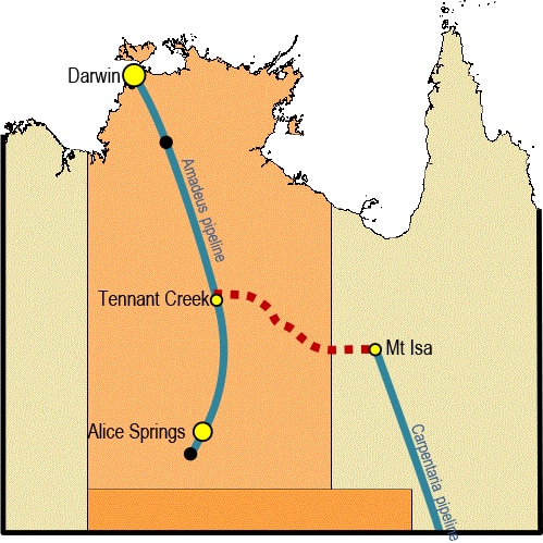 Diagram showing proposed route of gas pipeline between Northern Territory and Queensland.