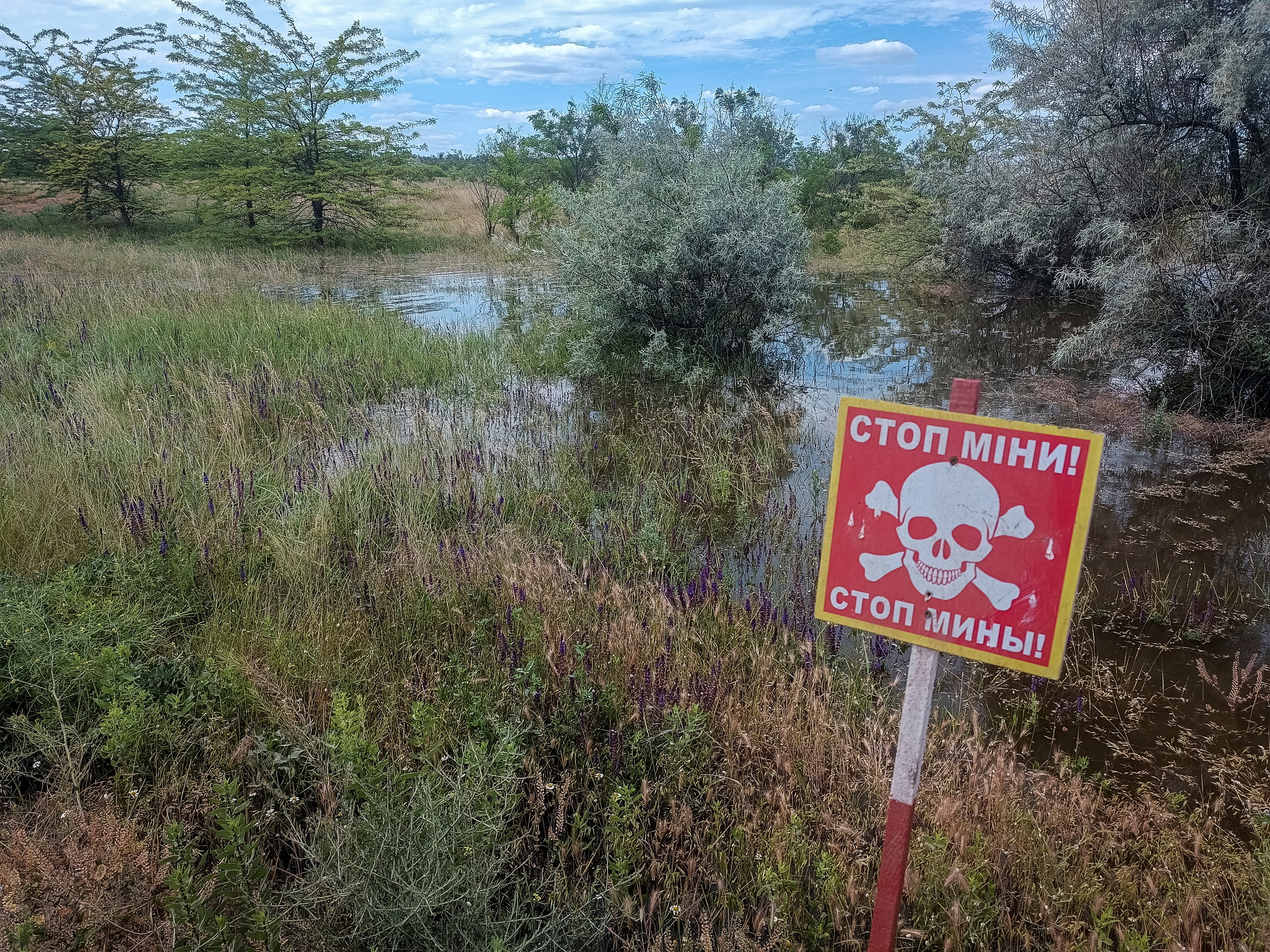 A mine danger sign is seen near a flooded area after the Nova Kakhovka dam breached.