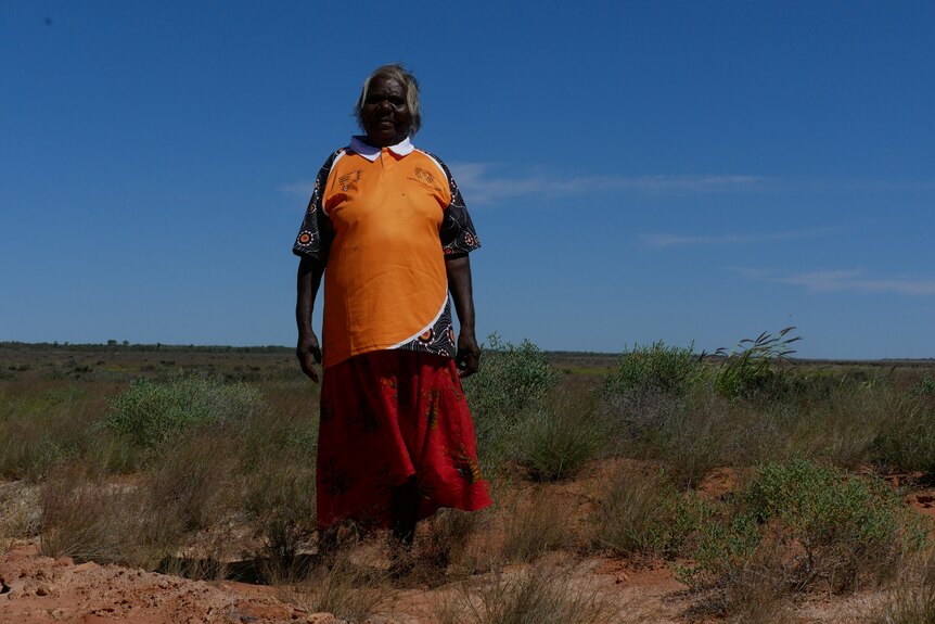 An Aboriginal woman with short white hair looks down at the camera. The sky is strong and blue behind her.