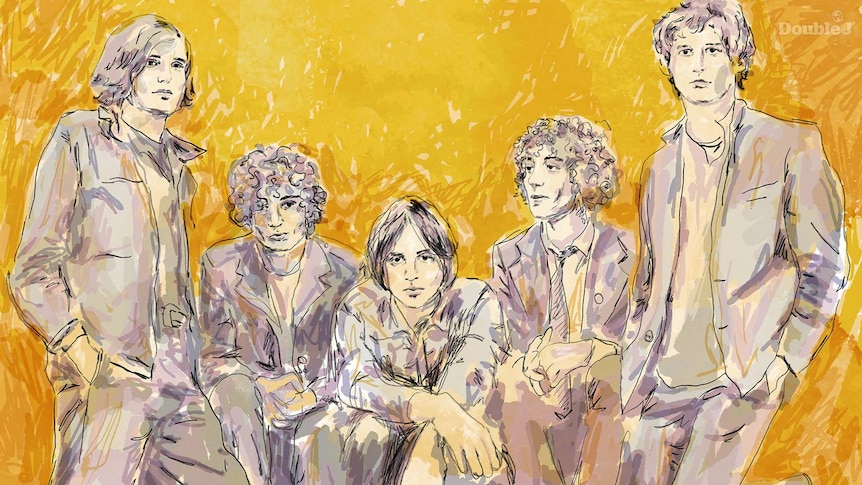 Illustration of the five members of The Strokes standing together, all wearing jackets. The background is yellow.