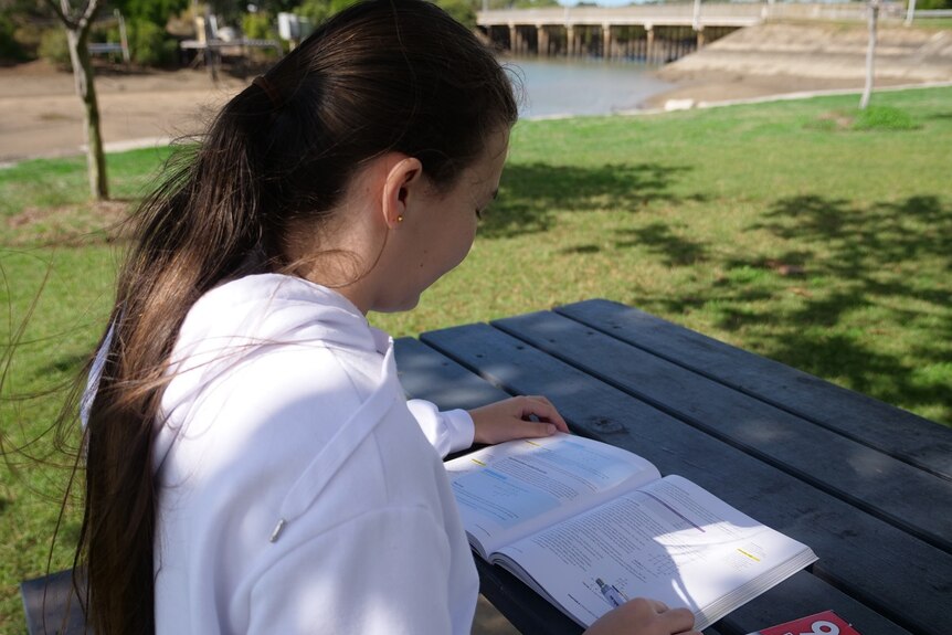 A girl with long brown hair sits at a table in a park studying her textbook.
