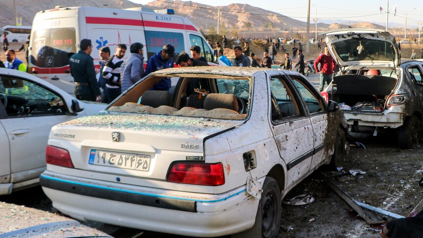 Destroyed cars after an explosion in Iran.