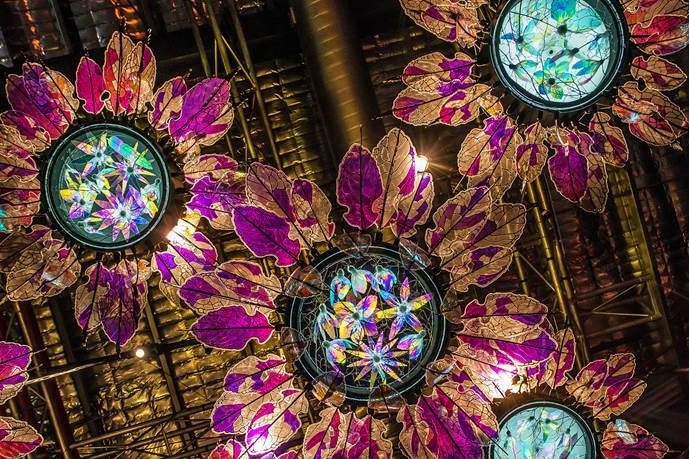Art sculpture showing large, brightly lit and coloured flower heads, with smaller flowers within the centre.