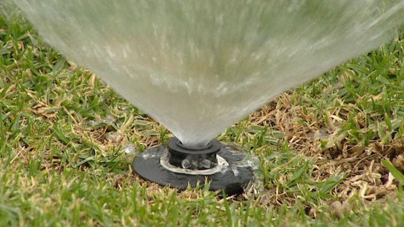 Close up of a garden sprinkler spraying water over green grass 