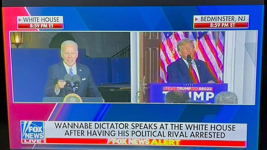 Fox News chyron reading, "Wannabe dictator speaks at the White House after having his political rival arrested."