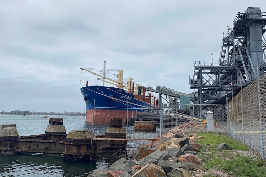 A large cargo ship docked alongside a large metal grain loading tower.