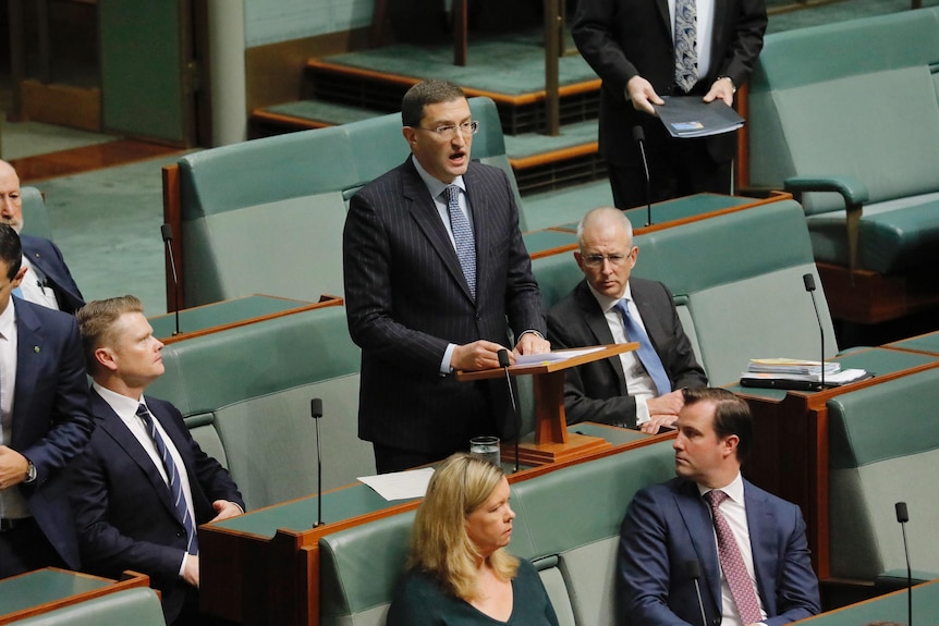 A man standing at a lectern in parliament house. 