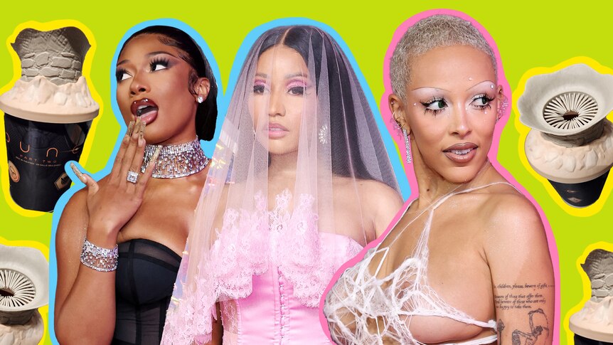 A collage image of Megan, left, with Nicki, centre and Doja, right, all from MTV VMA's red carpet, with Dune 2 buckets.