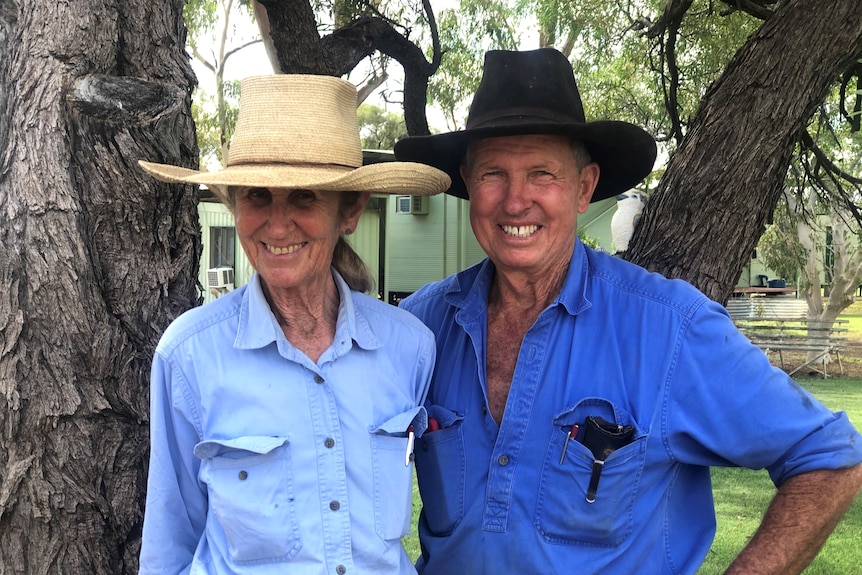 a man and womna in blue work shirts and wearing cattle hats