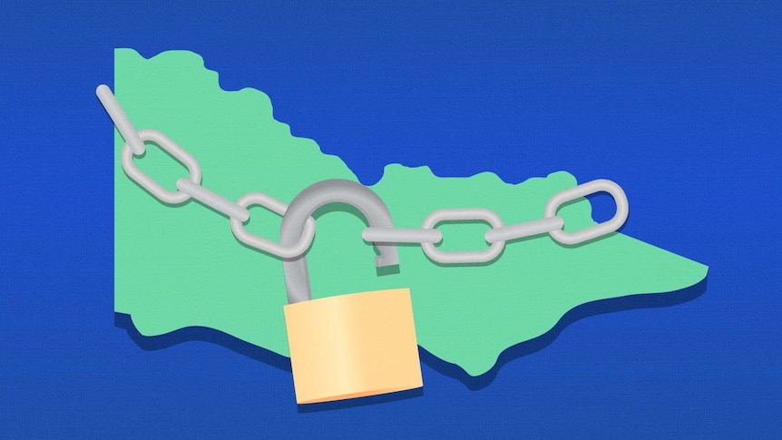 A graphic illustration shows a green map of Victoria with a grey linked chain across it and a padlock.