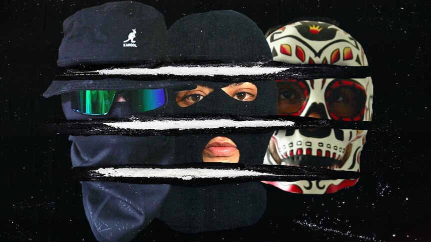 Collage of three masked faces, one with a balaclava, another with a wrestling mask. They are cut by three lines of cocaine.