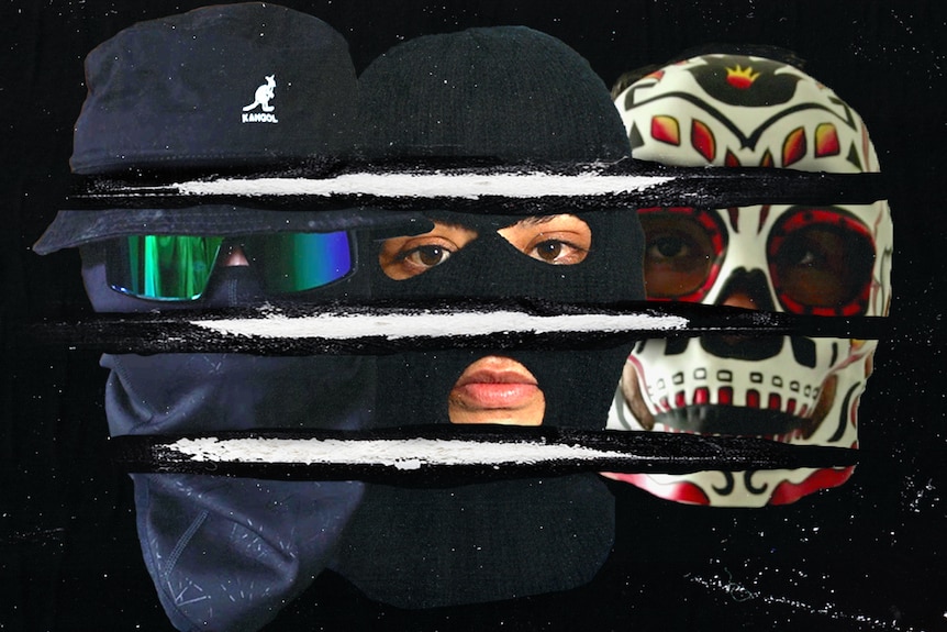 Collage of three masked faces, one with a balaclava, another with a wrestling mask. They are cut by three lines of cocaine.