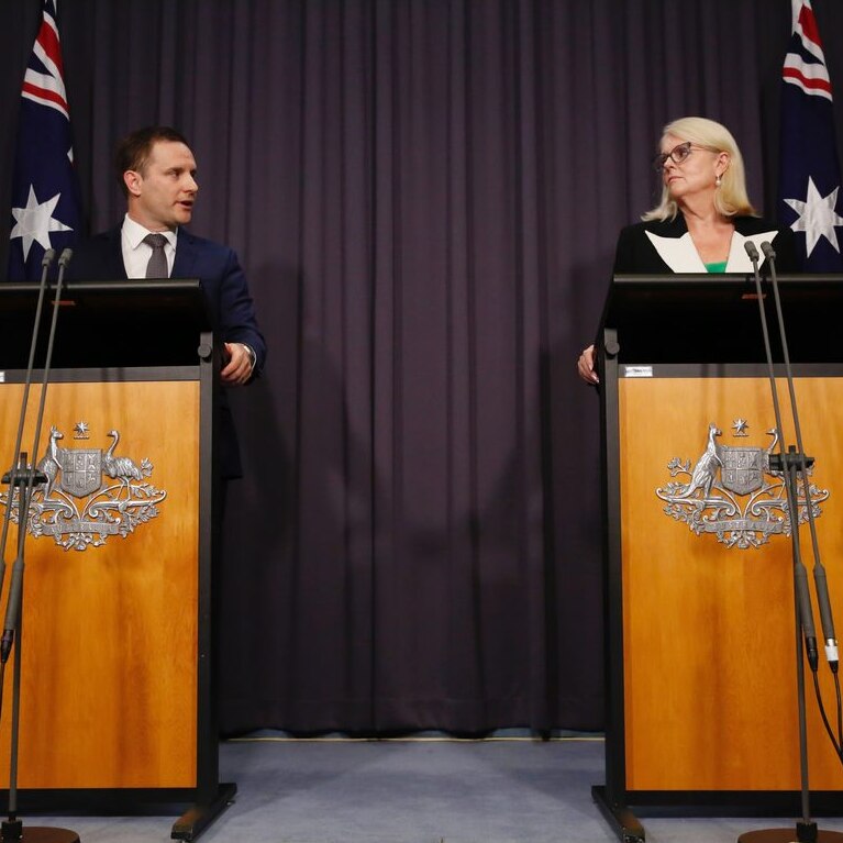 A man and a woman look at each other from behind two lecterns.