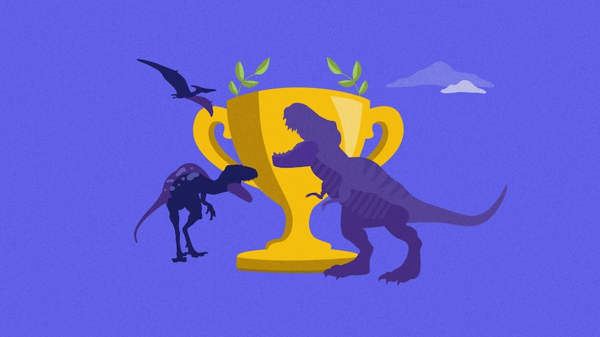 Silhouettes of dinosaurs around trophy