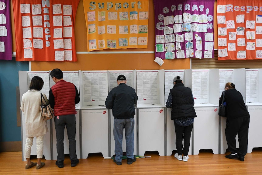 Voters stand at polling booths to cast their ballots during an election.