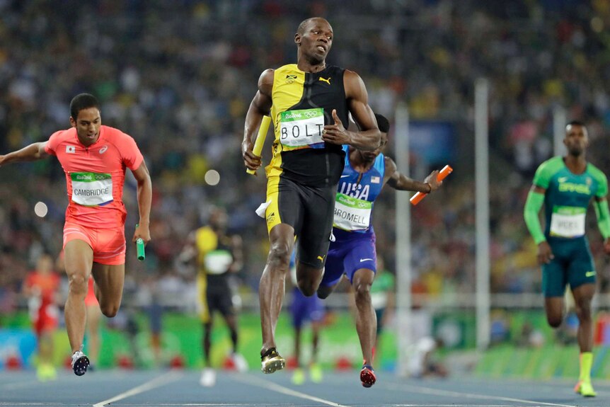 Usain Bolt wins the 4x100m relay final at the Rio Olympics on August 20, 2016.