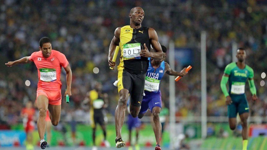 Usain Bolt wins the 4x100m relay final at the Rio Olympics on August 20, 2016.