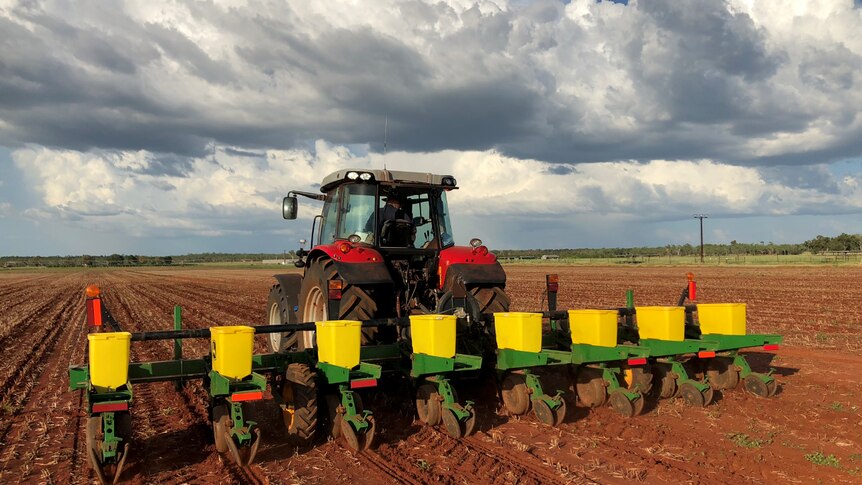 a tractor planting cotton with clouds behind.